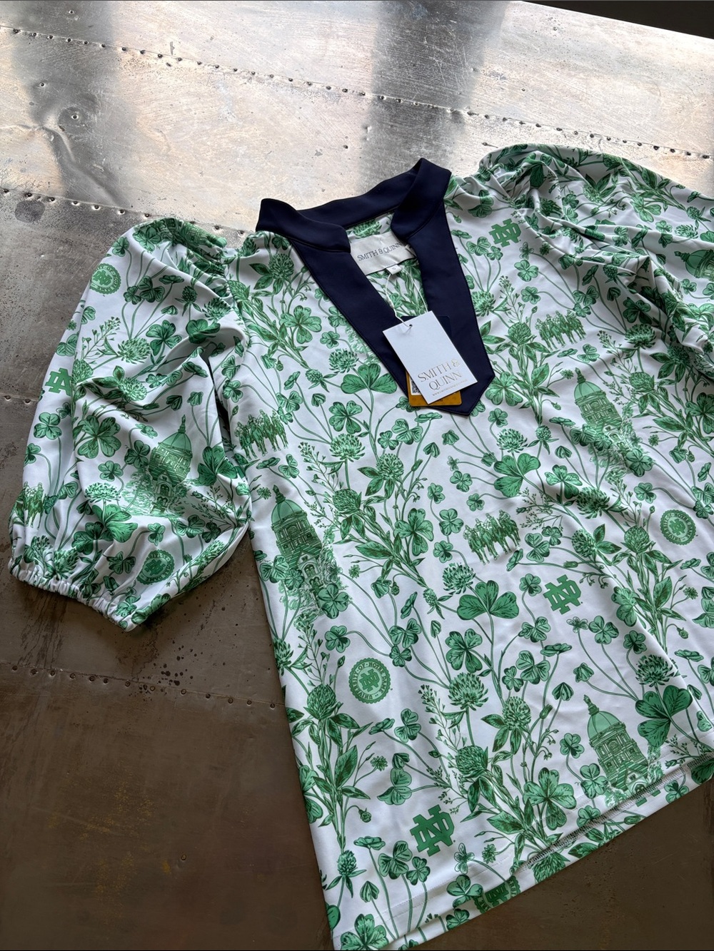 Shirred Puff-Sleeve Blouse in Green Botanical Print with Navy Trim